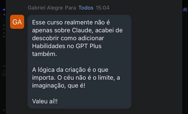 Depoimento Gabriel Alegre - o curso não é só sobre Claude, é a lógica da criação