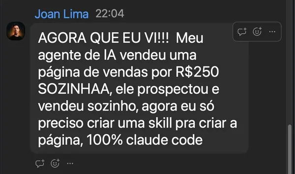 Depoimento Joan Lima - agente de IA vendeu uma página sozinho, 100% Claude Code